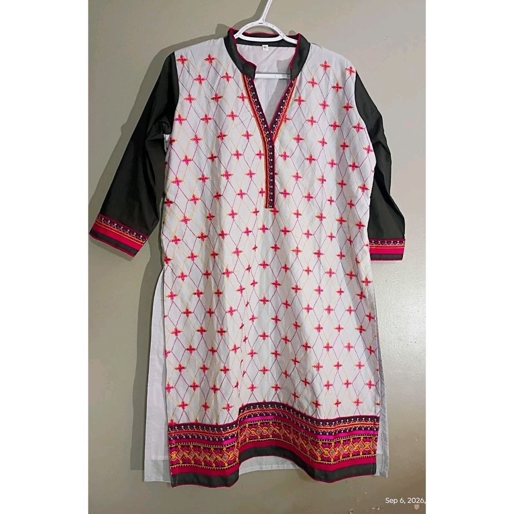 Women's XL White Printed Kurta/Kurti Tunic Top Black Sleeves Cotton Woven